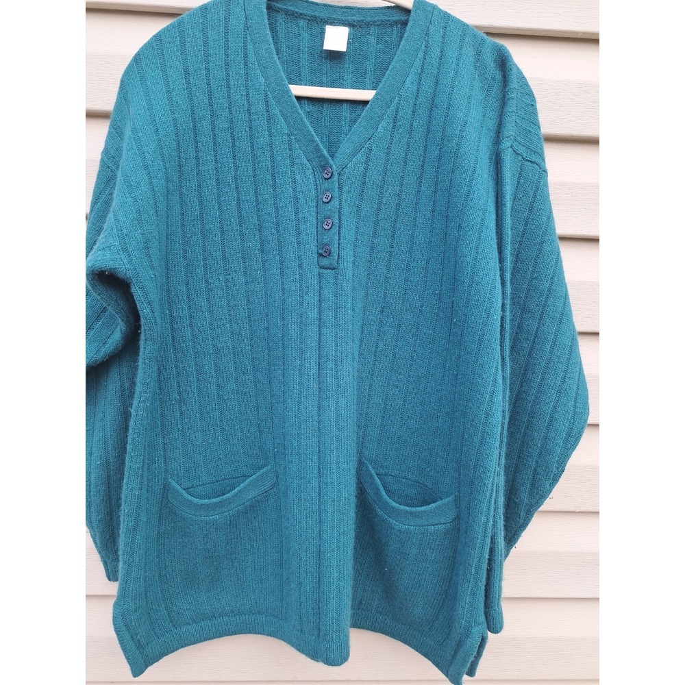 Women's Green Long Sleeve V-Neck Sweater Pullover Knit Wool/Angora Blend L